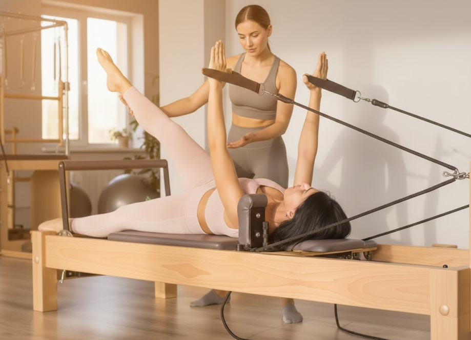 필라테스 강사와 함께 동작을 배우고 있는 중년 여성