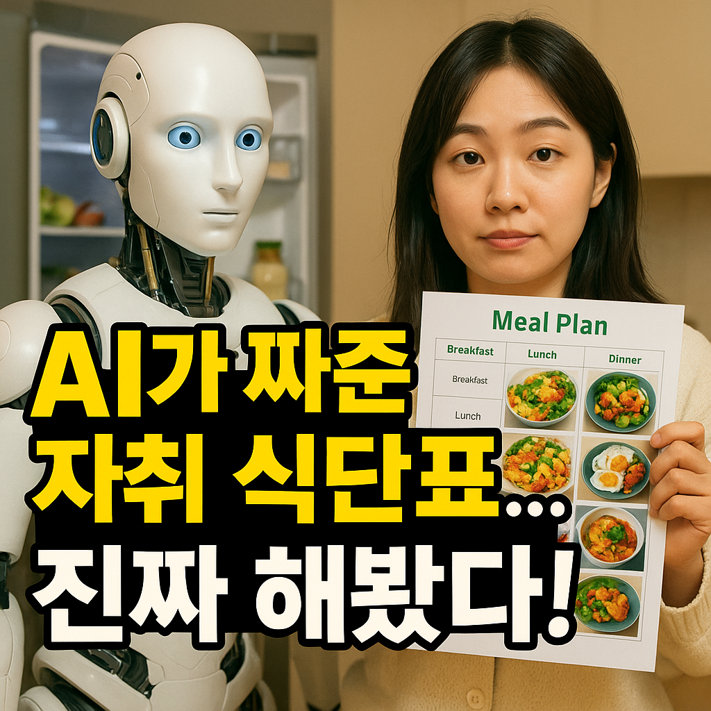 AI가 추천한 자취 식단표를 들고 있는 여성과 로봇 캐릭터의 식단 기획 썸네일 이미지