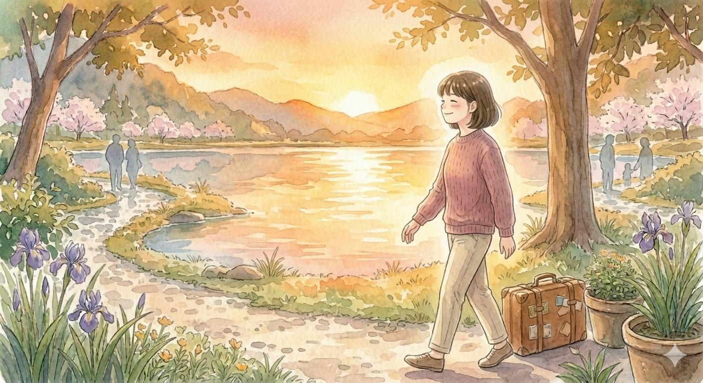 "노을 지는 공원에서 한 여성이 두 개의 무거운 짐 가방(관계의 노력) 중 하나를 내려놓고 가벼운 발걸음으로 산책로를 바라보는 수채화 일러스트. 일방적인 노력의 짐을 덜어내고 관계의 균형과 내면의 자유를 찾아가는 과정을 상징함."