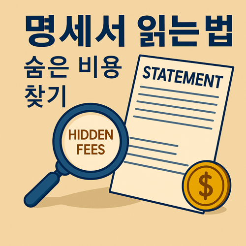 명세서를 정확하게 읽는 방법을 설명하는 썸네일 이미지로, 숨은 비용을 강조한 확대경과 청구서, 금화 아이콘이 포함된 재정 관리용 일러스트