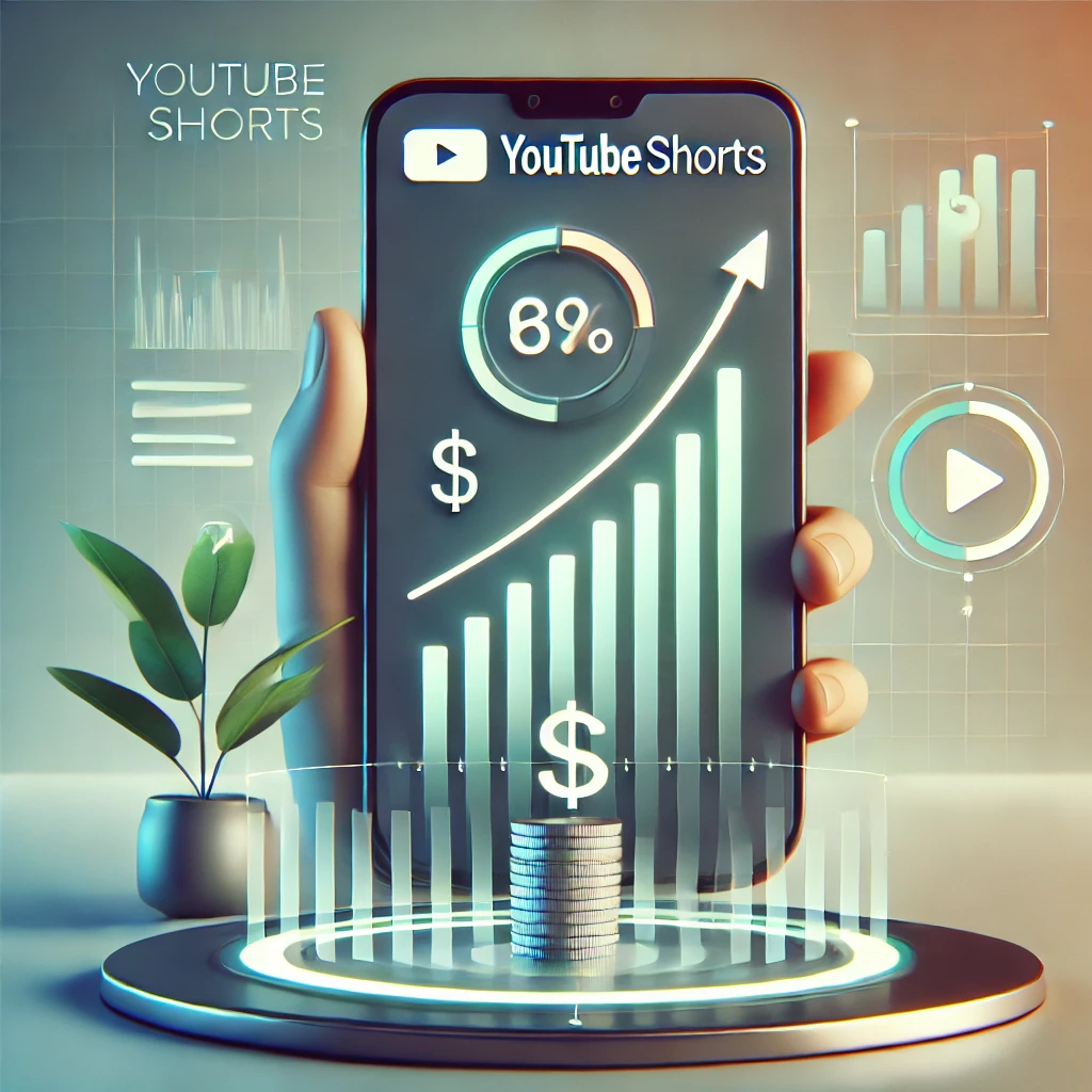 현대적이고 세련된 디자인의 유튜브 숏츠 부업 이미지. 스마트폰 화면에 유튜브 숏츠 인터페이스가 표시되고, 증가하는 수익과 참여를 보여주는 그래프가 함께 있습니다. 배경은 부드러운 색상의 그라디언트로 전문적이고 현대적인 느낌을 줍니다. 돈, 좋아요, 플레이 버튼 아이콘이 수익과 콘텐츠 제작을 상징적으로 나타냅니다.