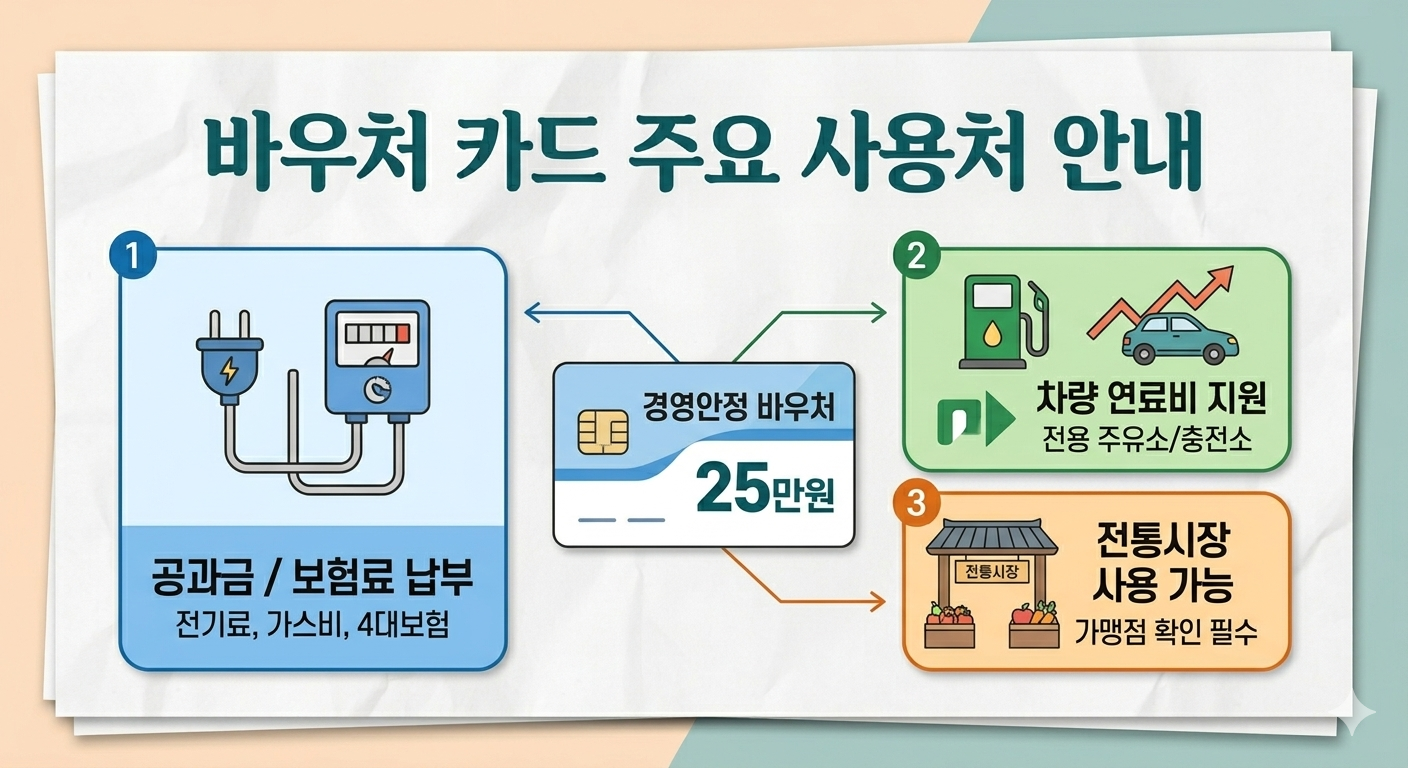 바우처 카드 주요 사용처 안내 인포그래픽, 공과금 및 보험료 납부, 차량 연료비 주요소 지원, 전통시장 사용 가능 안내