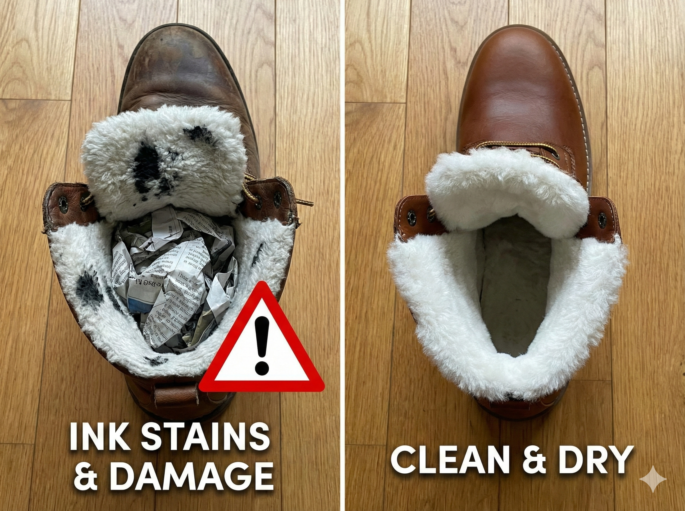 신문지 잉크로 인해 털 안감이 검게 오염된 어그부츠와 깨끗한 부츠 비교
