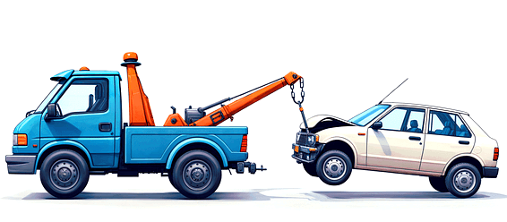 하늘색 트럭형 견인차가 사고가 나서 앞 범퍼가 찌그러진 소형 하얀색 승용차를 끌고간다.