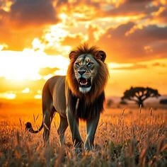 붉은-노을을-배경으로-갈기를-휘날리며-초원을-바라보고있는-동물의-왕-사자