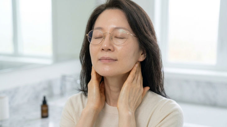 밝은 욕실에서 눈을 감고 귀 뒤에서 목선을 따라 손가락으로 부드럽게 마사지를 하며 턱선 림프를 순환시키는 50대 여성의 16:9 비율 실사 사진.