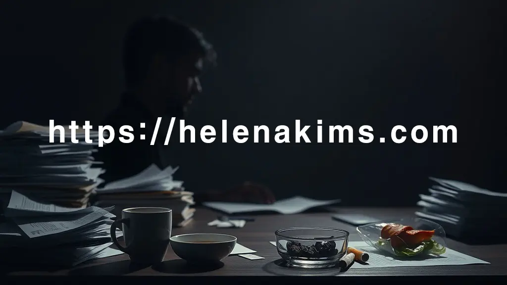 어둡고 차분한 톤의 배경 위, 긴장감과 피로가 묻어나는 남성의 옆모습이 희미하게 보인다. 주변에는 무질서하게 놓인 서류 더미, 빈 커피잔, 재떨이 위 담배꽁초, 그리고 패스트푸드 잔해가 놓인 이미지.