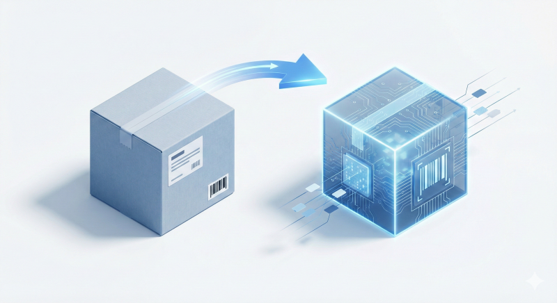 나라장터 물품등록 과정을 물리적 제품에서 디지털 데이터로 변환되는 과정으로 표현한 인포그래픽