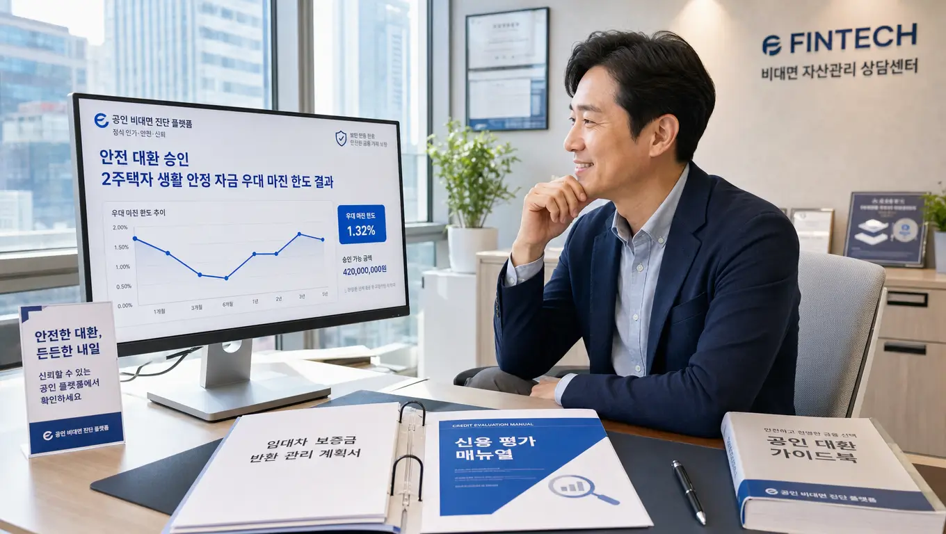 2 주택자 주택 담보 대출 한도 규제를 우회하기 위해 핀테크 플랫폼으로 생활 안정 자금 조건 실시간 한도를 비교하는 모습