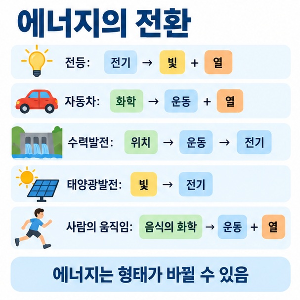 전등, 자동차, 수력발전, 태양광발전, 사람의 움직임에서 에너지 형태가 변환되는 과정을 표현한 이미지