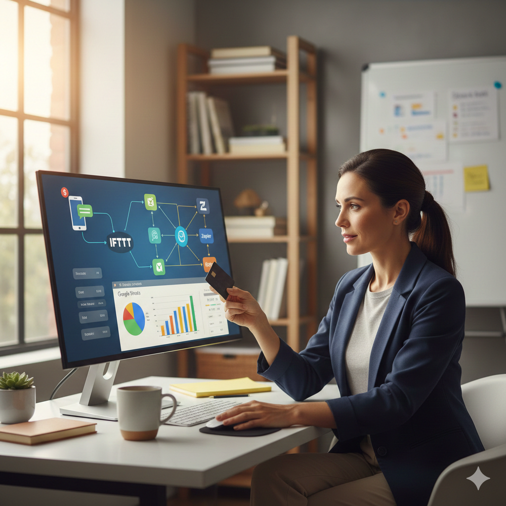 사무실 책상에 앉은 여자가 모니터에 띄워진 금융 자동화 대시보드를 진지하게 확인하고 있어요. 한 손에는 신용카드를 들고 있으며 화면에는 IFTTT 로고와 다양한 데이터 시각화 차트가 보여요.