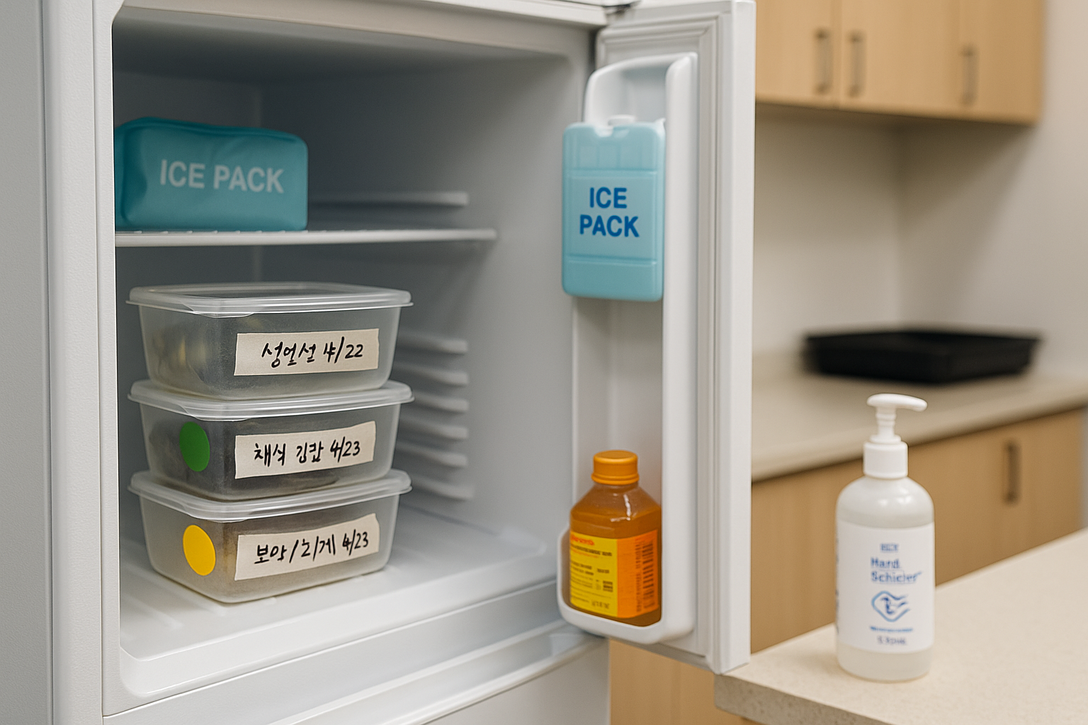 사무실 공용냉장고: 라벨 붙인 용기와 아이스팩, 손소독제가 보이는 위생 운영 장면