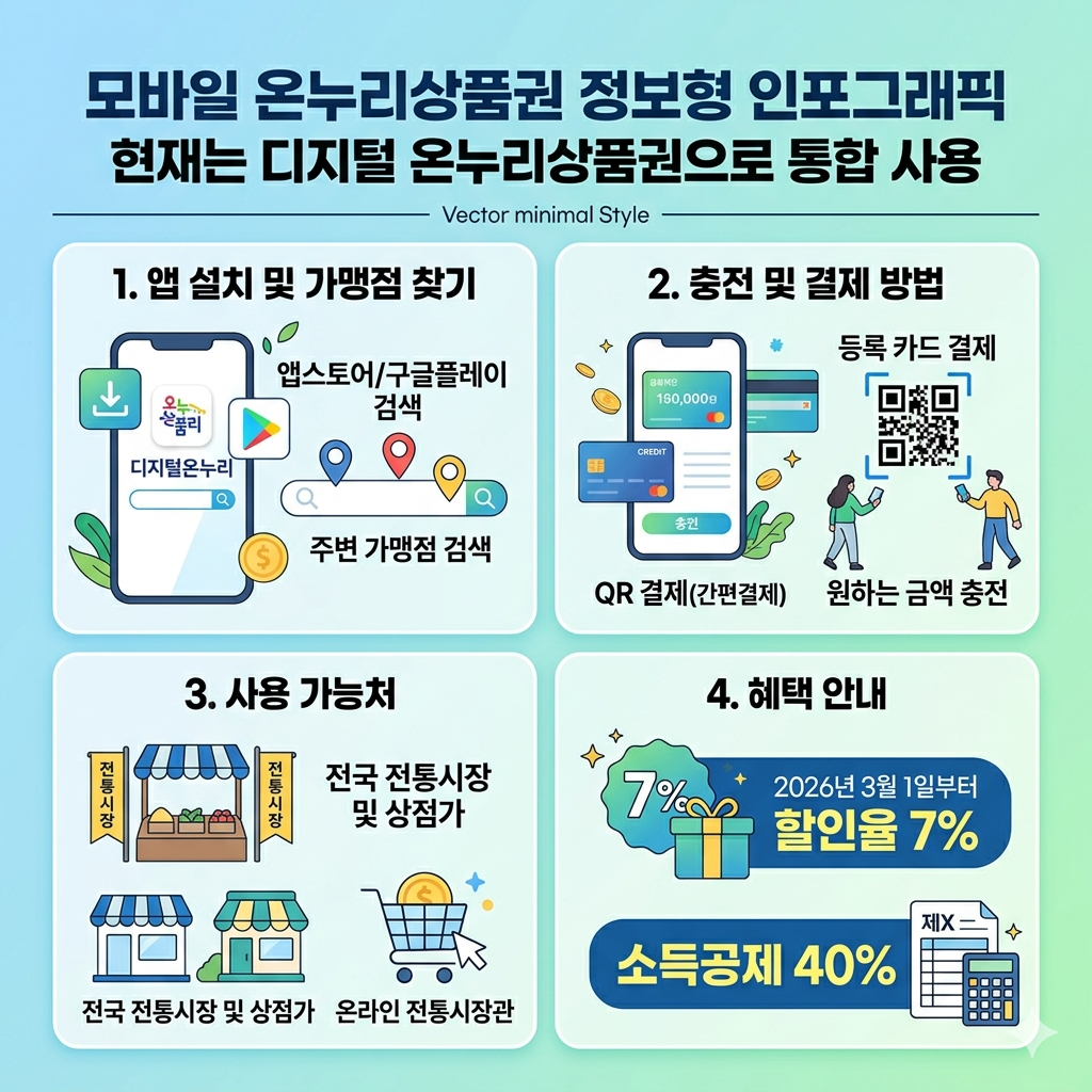 모바일 온누리상품권, 디지털 온누리 앱 사용법, 할인율, 사용처, 충전 방법 인포그래픽