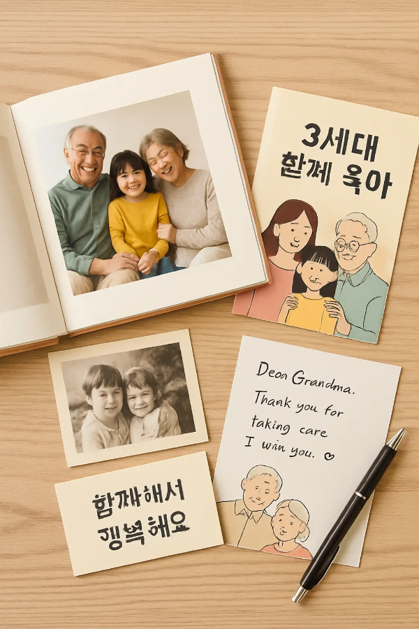 햇살 좋은 마당에서 조부모가 아이와 함께 줄넘기와 손놀이를 하며 웃고 있는 자연스러운 장면, 세대가 어우러진 육아 문화를 표현한 인물 중심 이미지, 텍스트 없음