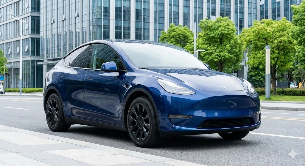 세련된 도심을 배경으로 한 테슬라 모델 Y의 전면 측면 모습입니다.