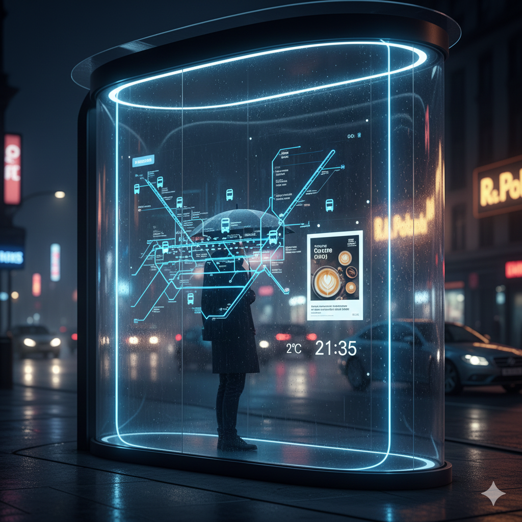 비 오는 밤거리, 버스 정류장 같은 투명한 유리 구조물 안에 서 있는 여성의 모습. 구조물의 투명 OLED 디스플레이에는 파란색 노선을 표시하는 지하철/버스 지도와 시간, 온도 정보가 미래적인 형태로 표시돼요. 투명 디스플레이가 도시 환경 정보와 광고를 보여주는 모습을 사실적으로 보여줘요.