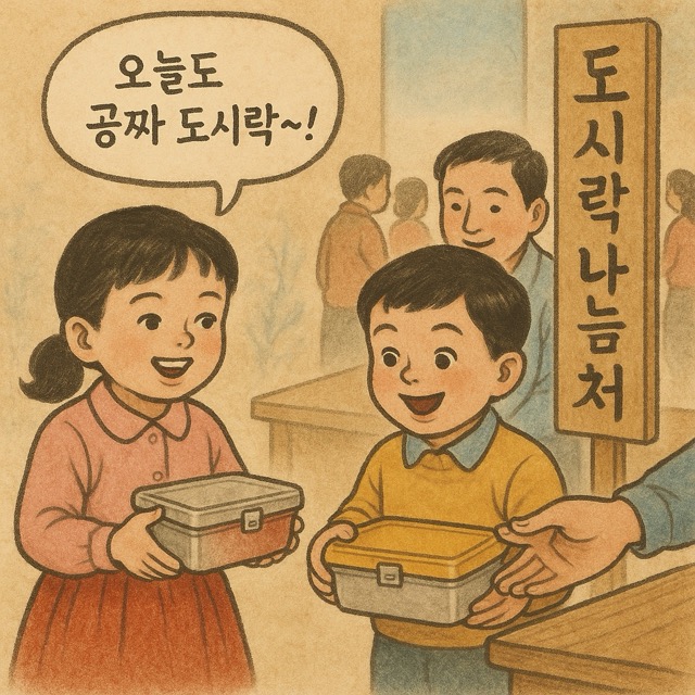 공짜 도시락 받으러 가는 아이들
