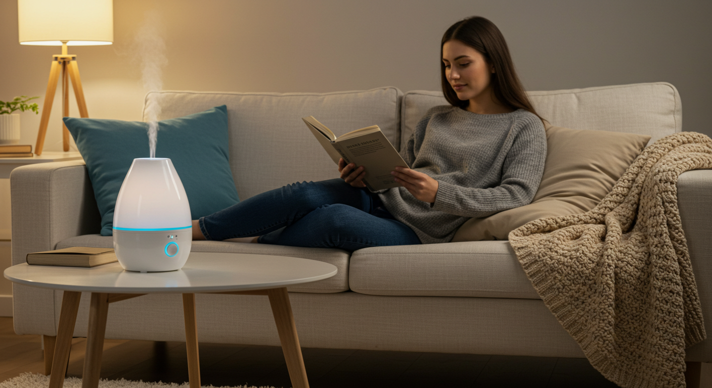 “비염예방을 위해 가습기를 켜고 쇼파에 앉아있는 여성의 거실 분위기”