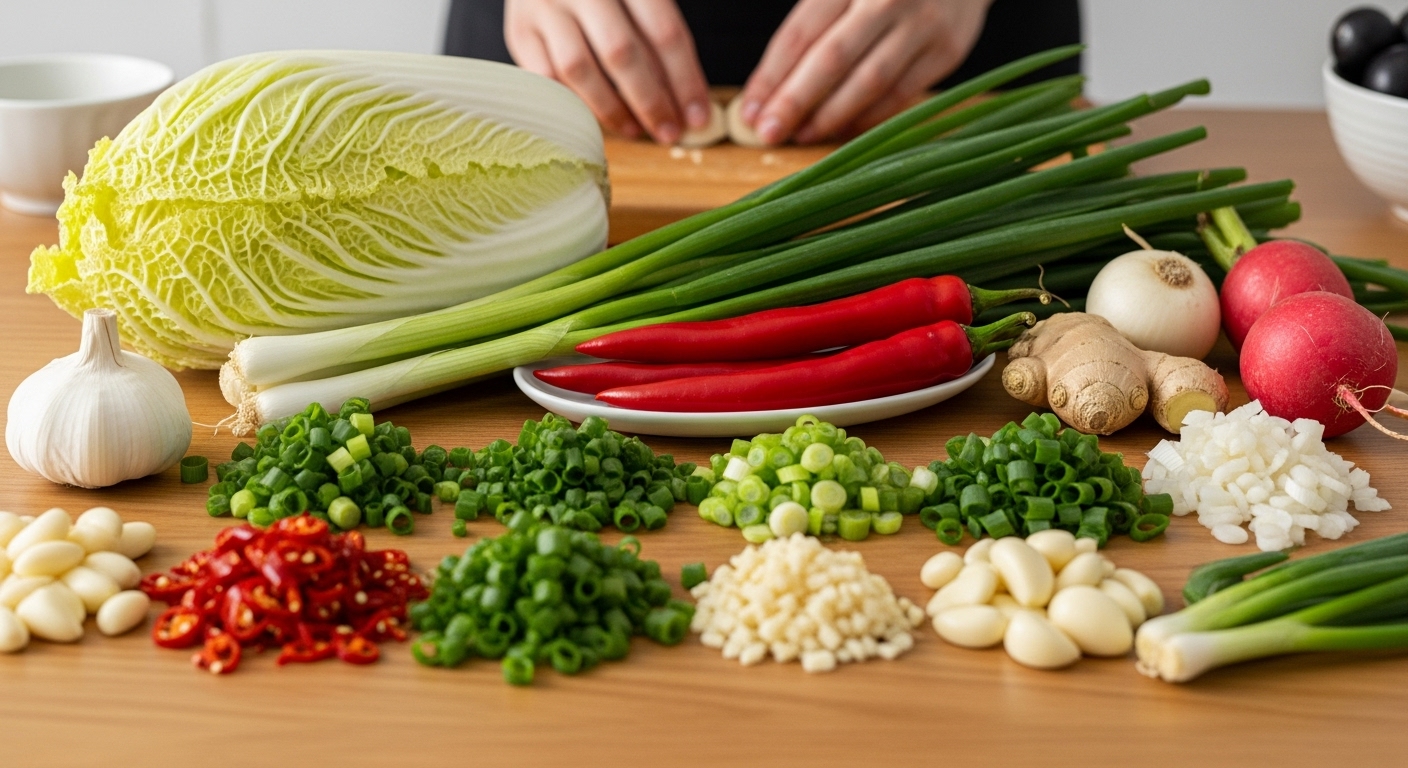 신선한 배추, 고춧가루, 무, 파 등 김치 양념 재료들이 깨끗하게 정돈된 모습.
