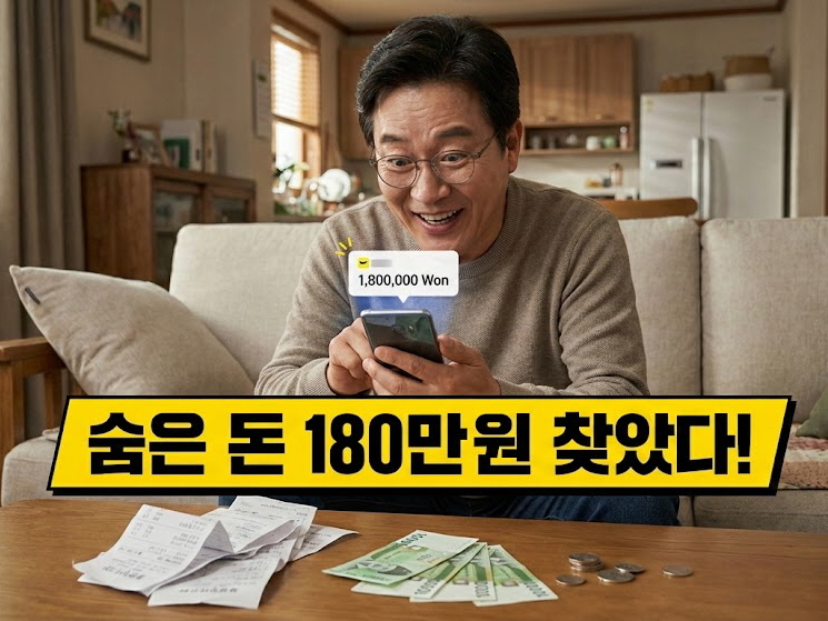 거실 소파에 앉아 스마트폰으로 180만 원 환급 내역을 확인하고 기뻐하는 중년 남성.
