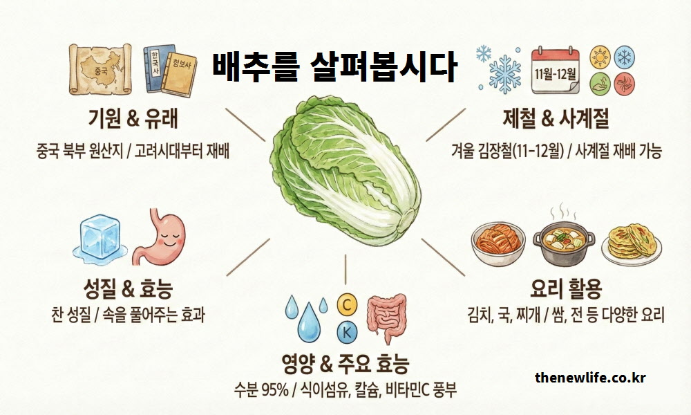 배추 효능을 알아보기 전 기원과 유래, 11월 12월 제철 시기, 찬 성질, 요리 활용법, 영양 성분 등 배추의 기본 정보를 한눈에 정리한 요약 이미지