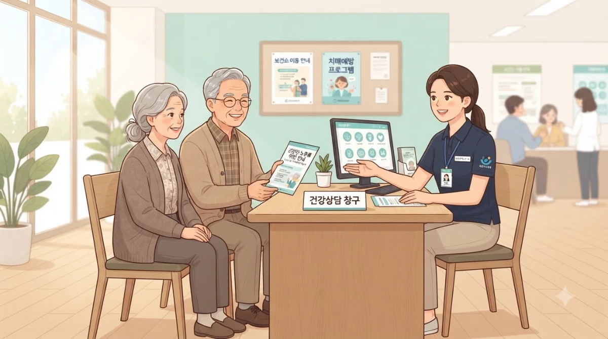 한국인 노년 남녀가 보건소 상담 창구에서 직원에게 안내문을 받으며 이야기하는 장면.