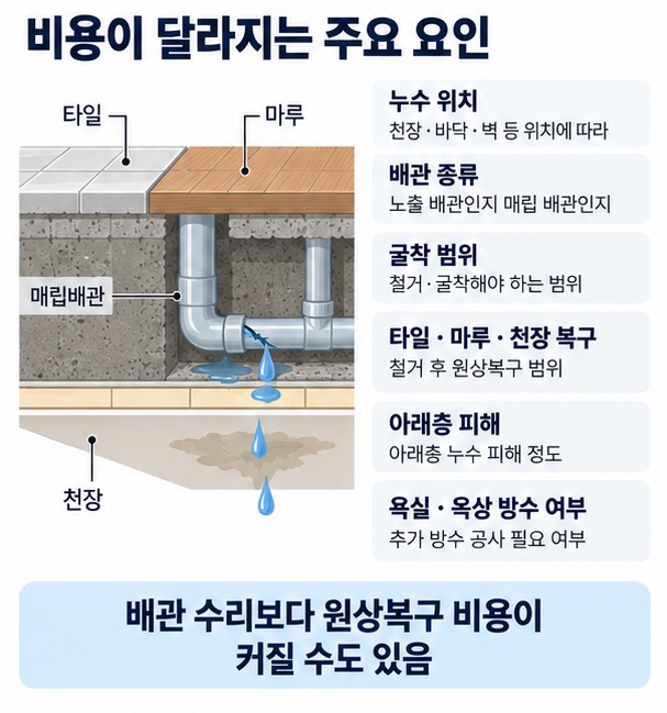 매립배관 위치, 배관 종류, 철거 범위, 타일 마루 천장 복구와 아래층 피해 여부에 따라 누수 공사비가 달라지는 이유를 설명한 이미지