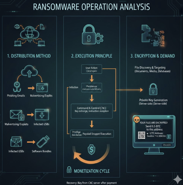 랜섬웨어의 작동 구조에 대한 이미지를 생성해 드릴게요. 암호화, 배포 방식, 실행 원리 등을 포함하여 랜섬웨어의 전체적인 흐름을 시각적으로 보여주는 이미지