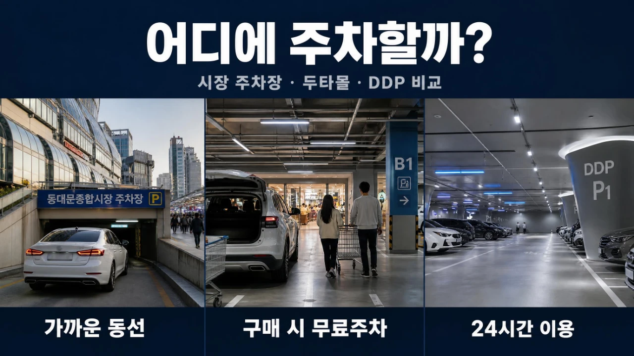 동대문종합시장 자체 주차장과 두타몰, DDP 주차장 비교 이미지