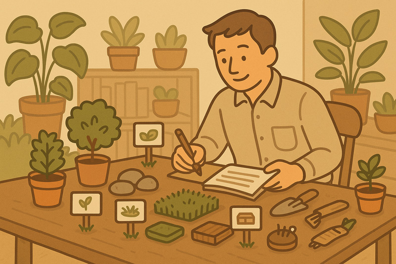 남성이 다양한 조경 자재 샘플(식물, 자갈, 잔디, 목재 등)을 책상에 펼쳐 놓고 비교하며 메모하는 모습