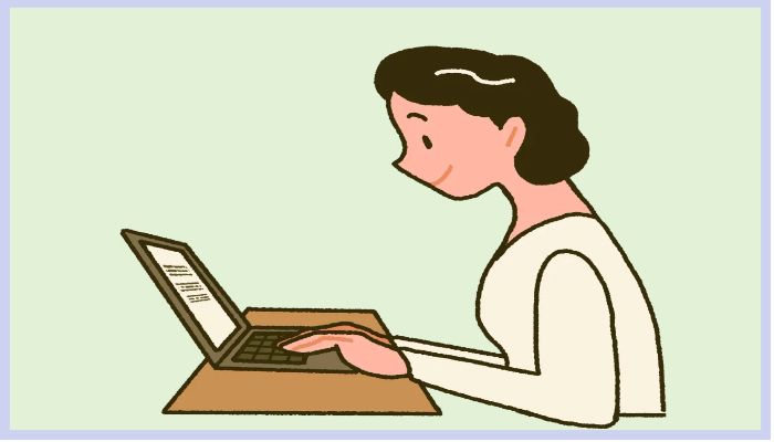 소비쿠폰 온라인 신청을 위해 노트북을 사용하는 여성의 모습, 간편하게 집에서 신청하는 장면을 묘사한 그림