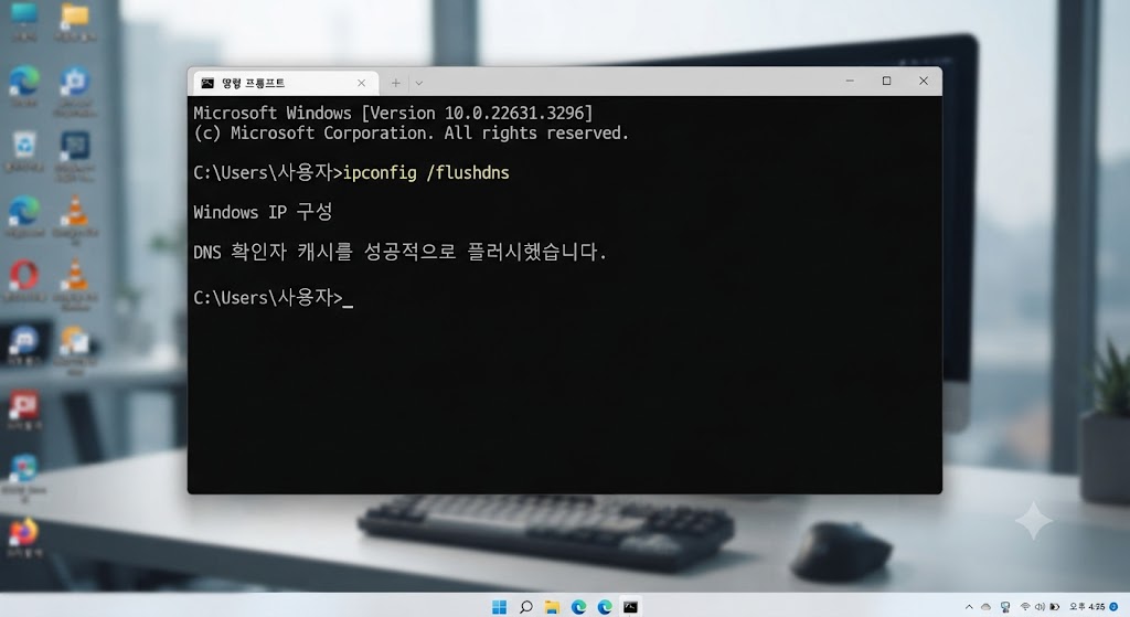 윈도우 11 바탕화면 위에 떠 있는 명령 프롬프트(CMD) 창의 스크린샷. 창에는 'Microsoft Windows' 버전 정보와 함께 'C:\Users\사용자>ipconfig /flushdns' 명령어가 입력되어 있고, 그 아래로 'Windows IP 구성' 및 'DNS 확인자 캐시를 성공적으로 플러시했습니다.'라는 한글 성공 메시지가 명확하게 표시되어 있습니다