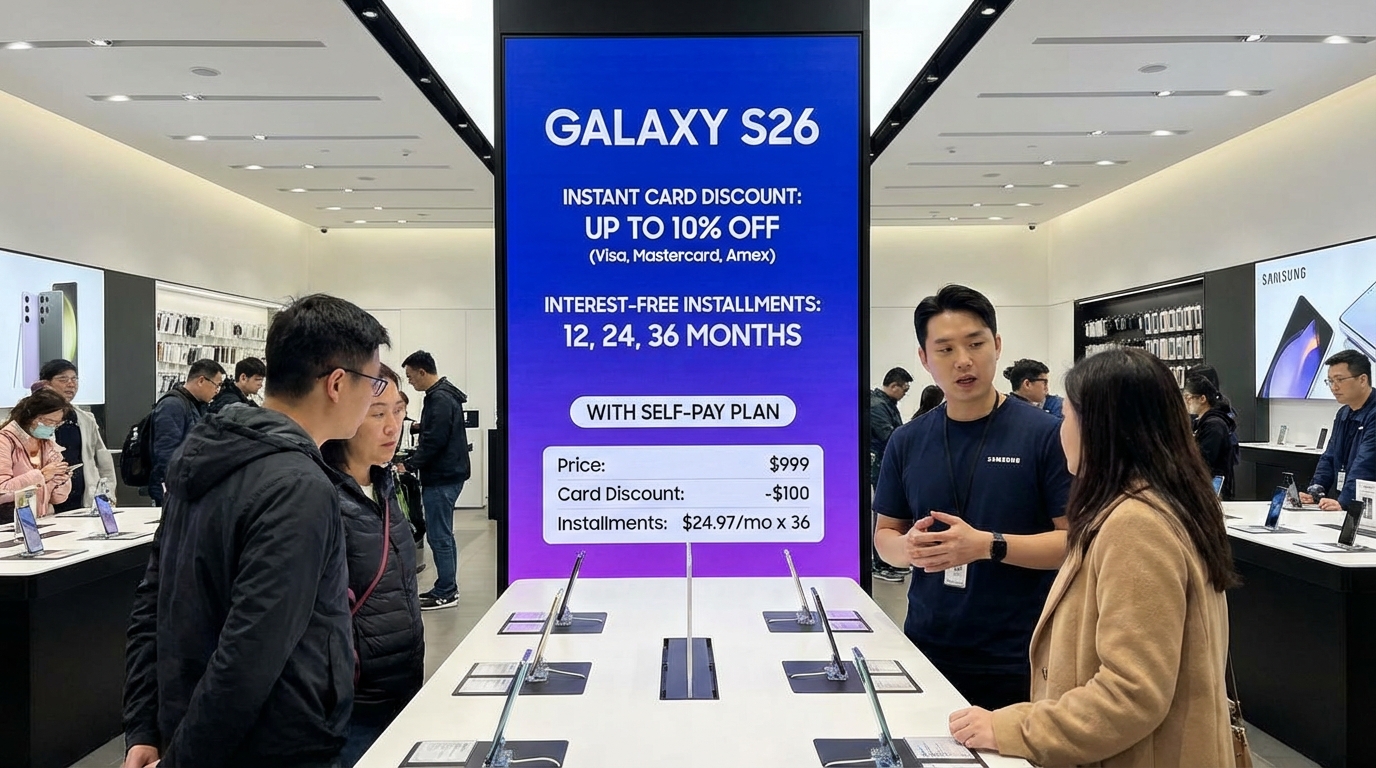 갤럭시 S26 자급제 구매 시 적용되는 카드 즉시 할인과 무이자 할부 혜택 이미지