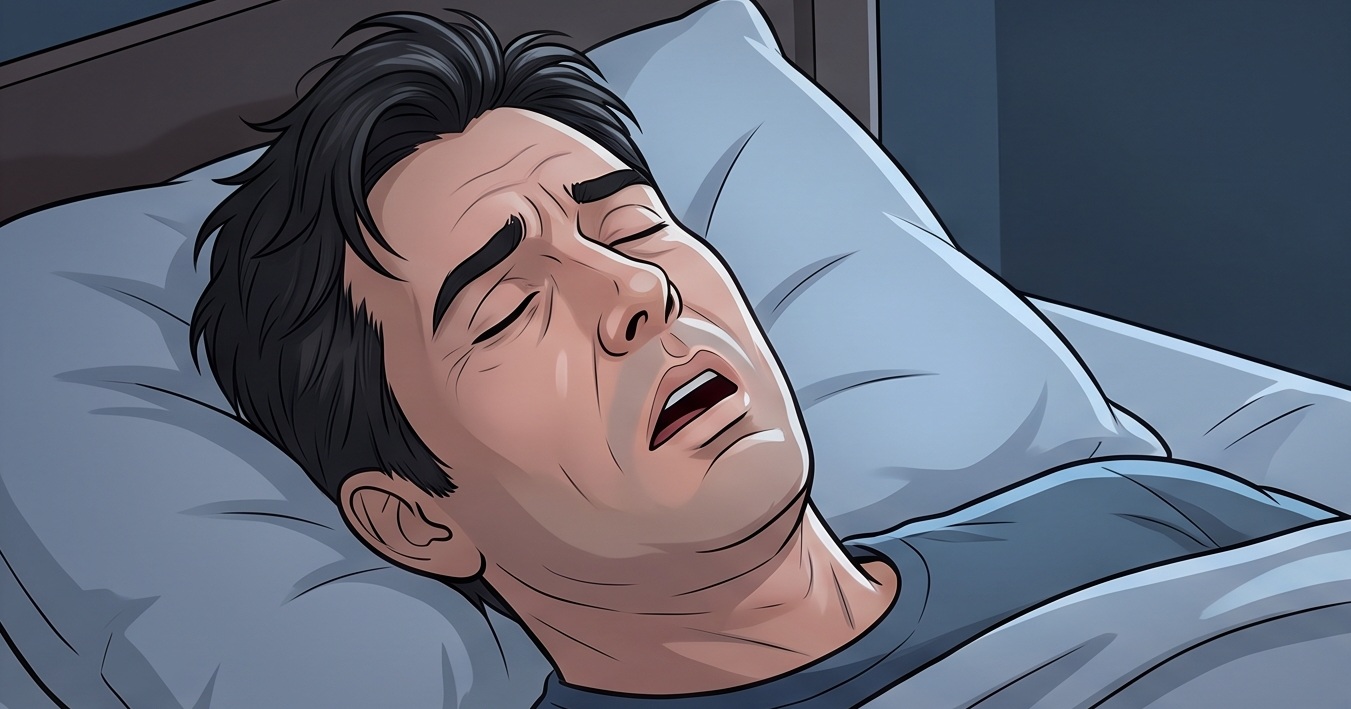 침대에 누워 입을 벌린 채 괴로운 표정으로 코를 골며 수면무호흡증 증상을 보이는 남성의 일러스트