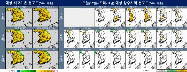 예상 최고기온 분포도, 오늘~모레 예상 강수지역 분포도