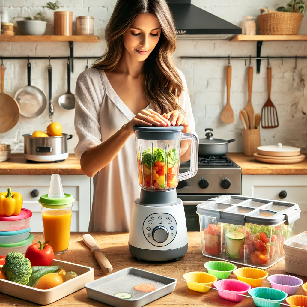 엄마가 적절한 도구를 사용해 이유식을 만들고 있는 사진