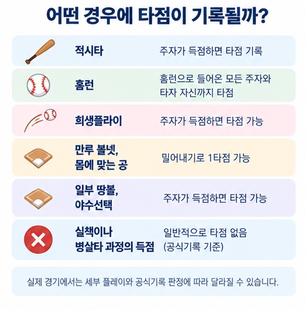 안타 홈런 희생플라이 밀어내기 볼넷과 실책 병살타의 타점 기록 여부를 비교한 이미지