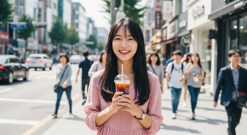 카페 앞에서 음료를 들고 있는 여성