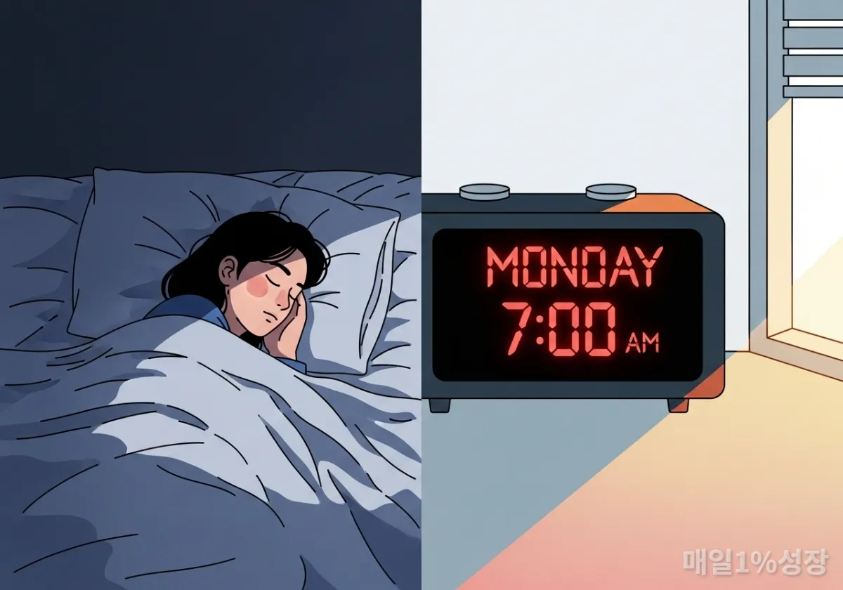 주말 늦잠과 월요일 아침 기상 사이의 생체 리듬 불균형을 나타내는 사회적 시차증 일러스트