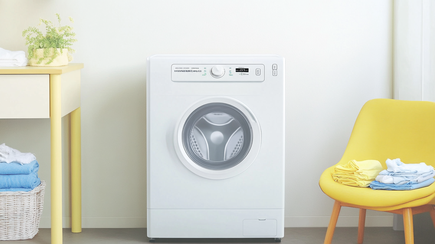 모던한 세탁실에 위치한 삼성 세탁기, 세련된 디자인과 첨단 디지털 디스플레이를 자랑하며 깔끔하게 개어놓인 옷들과 함께 있다.
