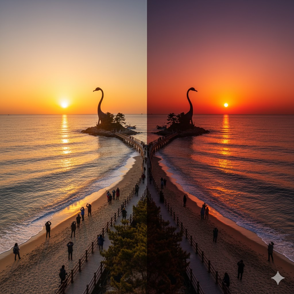 지형이 왜가리의 목처럼 가늘고 길게 바다로 뻗어 있어 일출과 일몰을 모두 감상이 가능한 당진 왜목마을의 모습