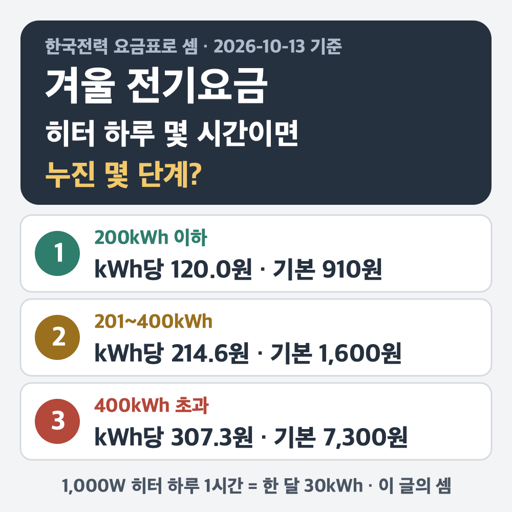 겨울 전기요금, 히터 하루 몇 시간이면 누진 몇 단계 — 11월 주택용 저압 요금의 세 구간: 1단계 200kWh 이하 kWh당 120.0원 · 기본요금 910원, 2단계 201~400kWh kWh당 214.6원 · 기본요금 1,600원, 3단계 400kWh 초과 kWh당 307.3원 · 기본요금 7,300원. 1,000W 히터를 하루 1시간 켜면 한 달 30kWh(이 글의 셈). 한국전력 요금표(적용일자 2025년 1월 1일) · 2026-10-13 기준