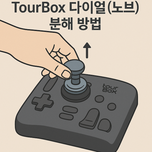 TourBox 다이얼(노브) 분해 방법을 보여주는 삽화. 한 손이 흡착 도구를 이용해 다이얼을 위로 분리하는 모습을 묘사함