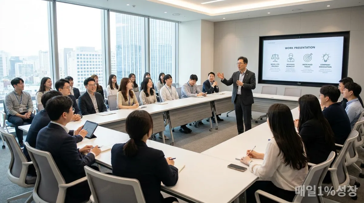 한국인 HR 관리자가 디지털 단절권 정책을 설명하는 모습