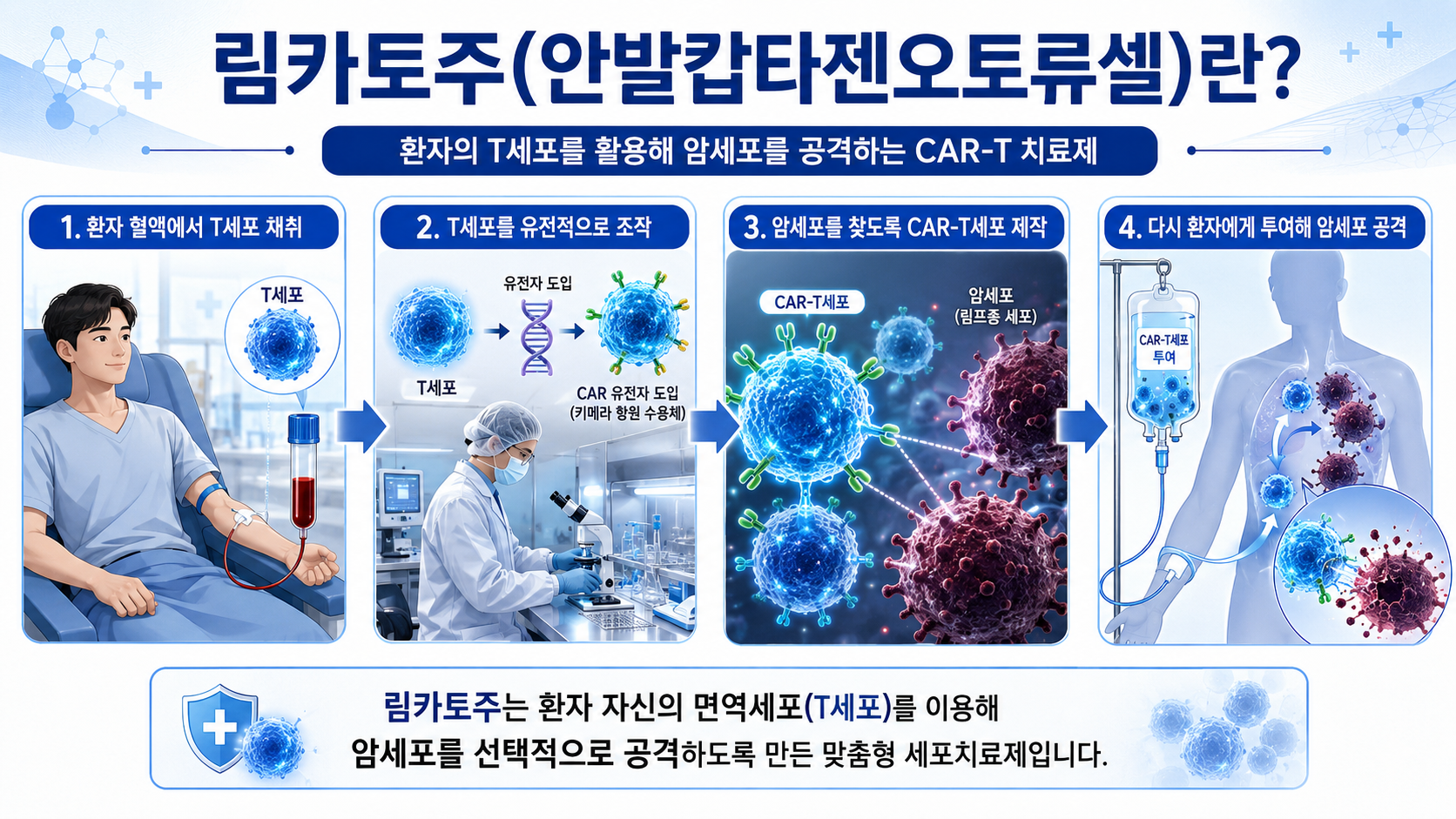 림카토주의 성분명은 안발캅타젠오토류셀입니다.
환자의 혈액에서 면역세포인 T세포를 채취한 뒤 암세포를 찾아 공격하도록 유전자를 조작하고, 이를 다시 환자에게 투여하는 CAR-T 치료제입니다.