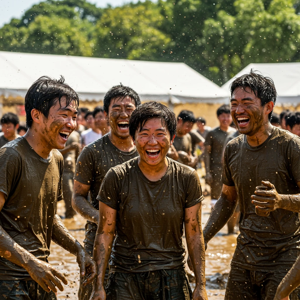보령머드축제에서 온몸에 진흙을 묻히며 즐겁게 웃는 사람들.