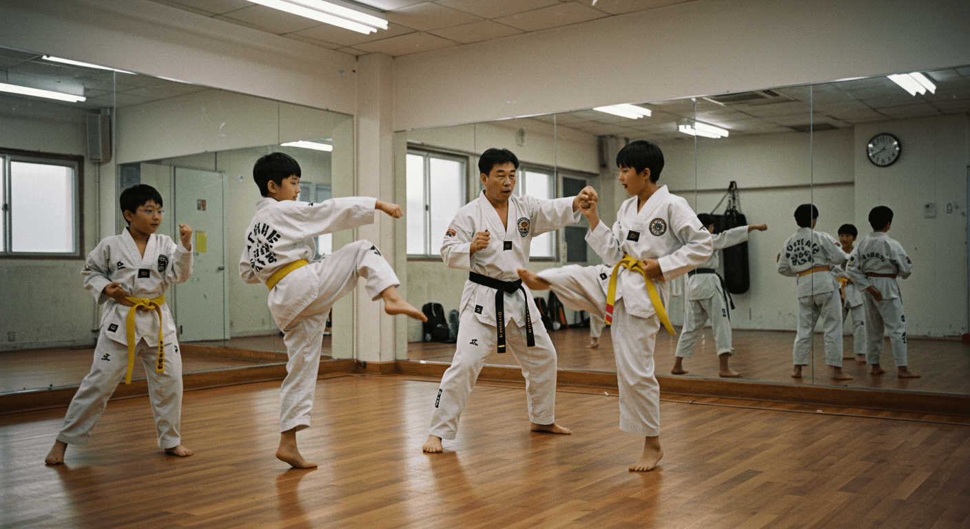 아이들이 스포츠바우처로 이용 가능한 태권도장에서 수업받는 장면 2