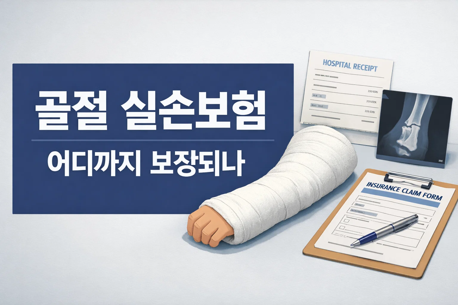 골절 실손보험에서 입원&middot;통원&middot;비급여까지 어디까지 보장되는지 전체 범위와 확인 포인트를 한눈에 이해하도록 보여주는 썸네일 이미지