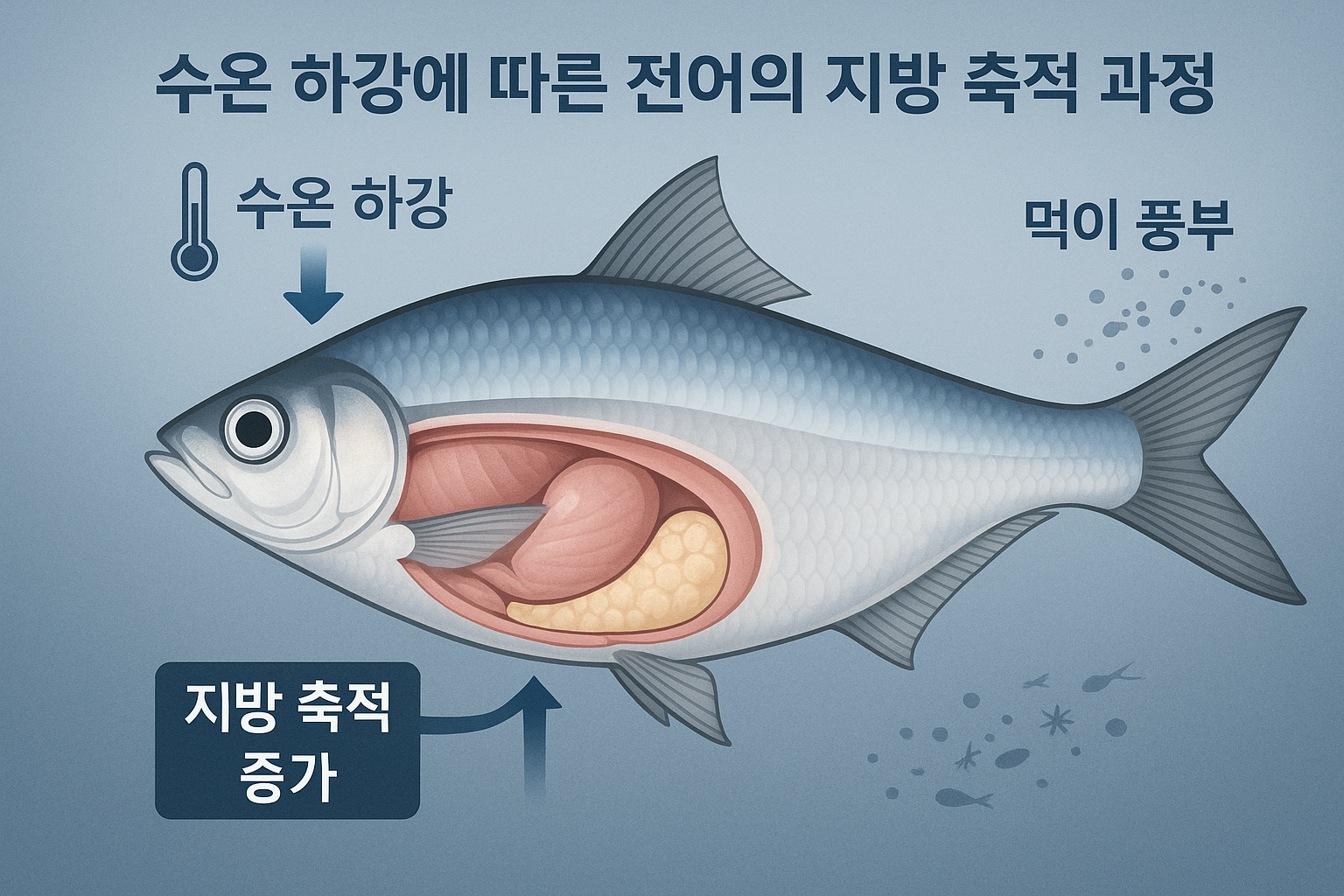 전어의 지방 축적 과정을 보여주는 과학적 다이어그램