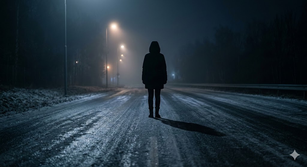 차가운 겨울 밤, 헤드라이트 불빛만 비치는 텅 빈 도로의 스산한 풍경